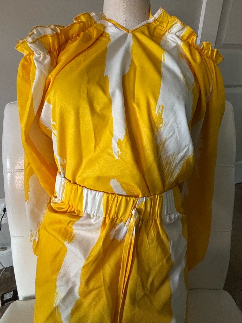 SHEIN Yellow and White Striped Long Sleeve Jumpsuit